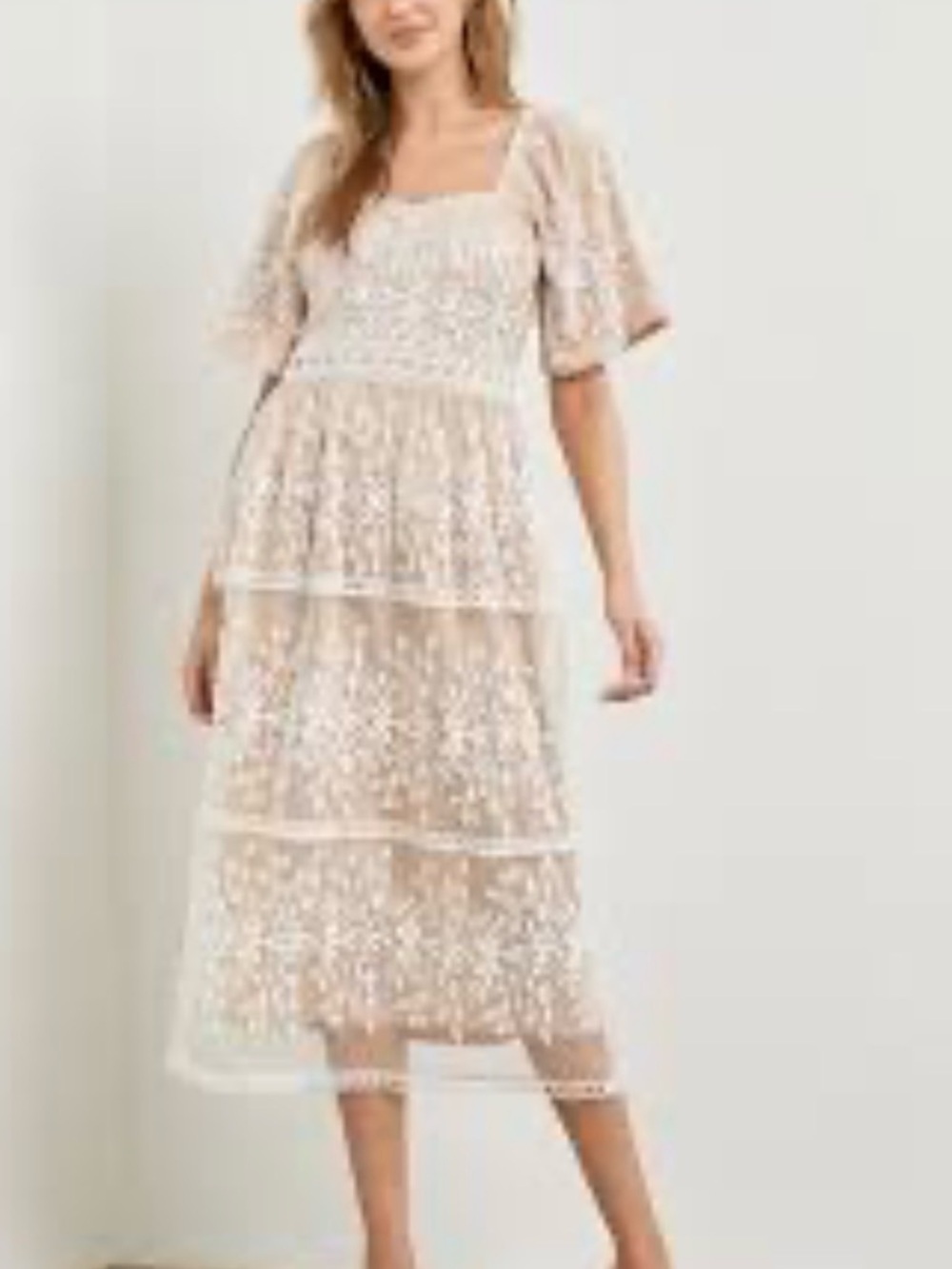 Ivy City
Tiered Lace Midi Dress in Neutral Beige